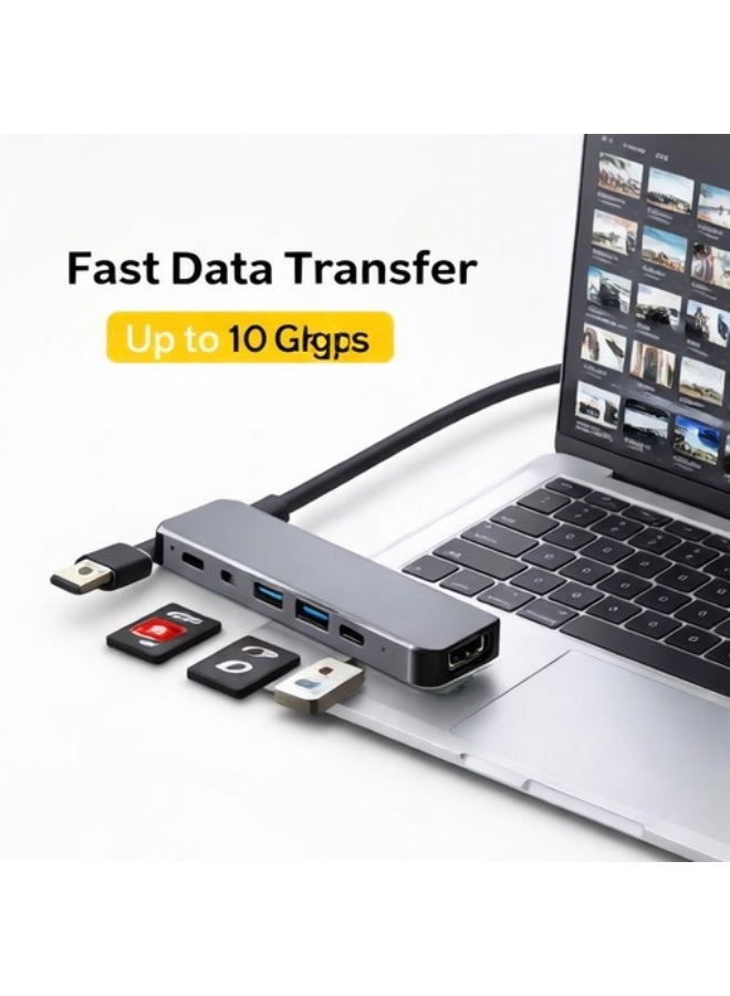 محور محول USB-C إلى HDTV 6 في 1 مع HDMI 4K، 2×USB 3.0، قارئ بطاقات SD/TF – محول متعدد المنافذ من نوع C لجهاز MacBook، الكمبيوتر المحمول و Chromebook - Image 2